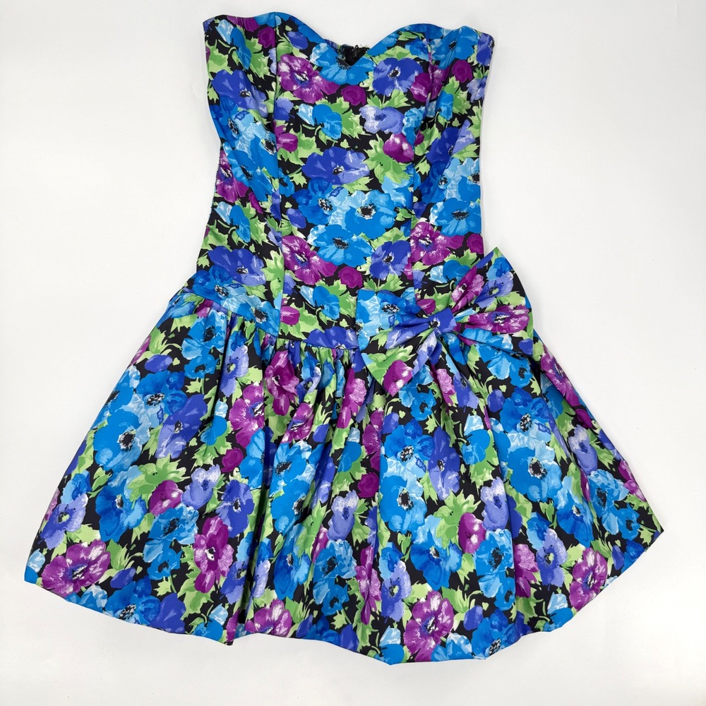 Scarlett Nite Dress Womens 5/6 Blue Floral Vintage 80s Prom Party Strapless